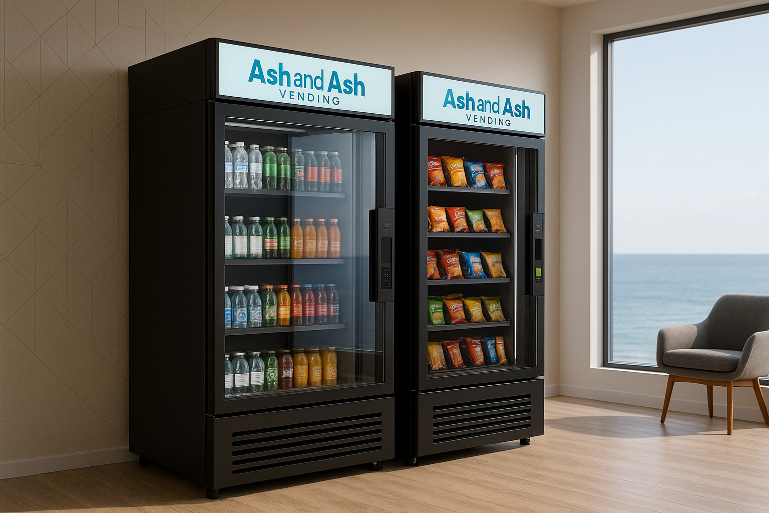 Two sleek AI vending machines in a peaceful interior overlooking the ocean