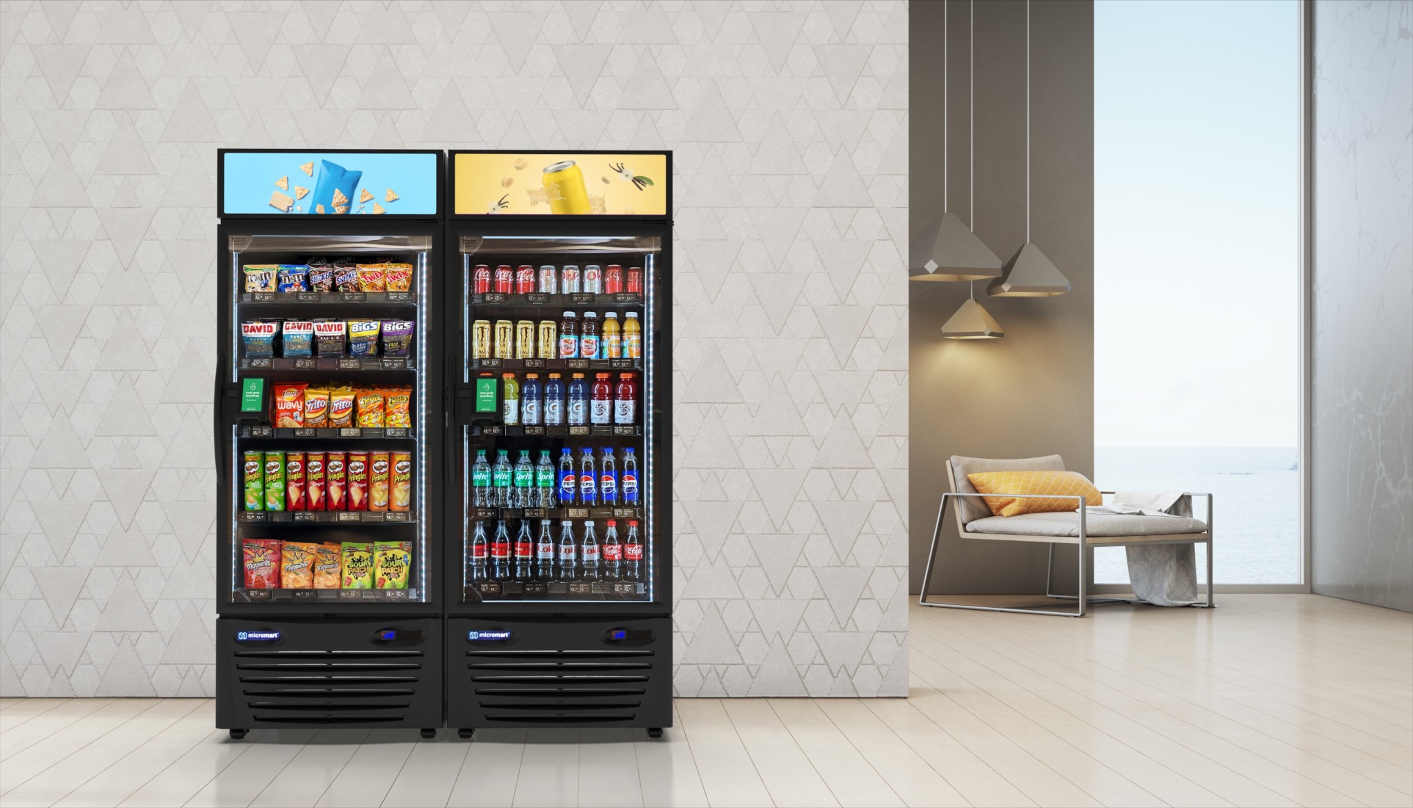 Micromart residential units showcasing a fridge, pantry and freezer