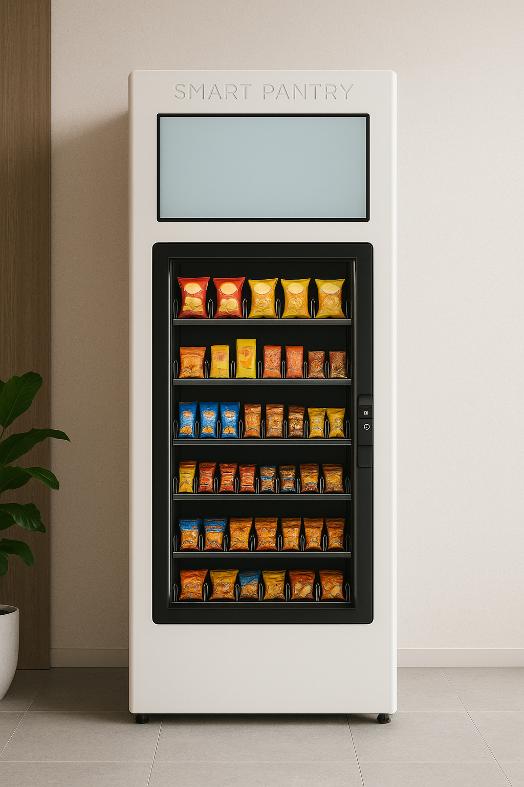 Smart pantry unit with shelves of snacks and dry goods